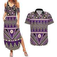 Vintage Bula Fiji Couples Matching Summer Maxi Dress and Hawaiian Shirt Purple Tapa Masi Motif