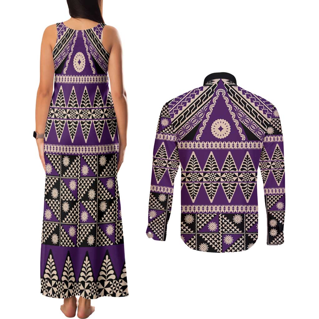 Vintage Bula Fiji Couples Matching Tank Maxi Dress and Long Sleeve Button Shirt Purple Tapa Masi Motif