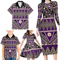 Vintage Bula Fiji Family Matching Long Sleeve Bodycon Dress and Hawaiian Shirt Purple Tapa Masi Motif