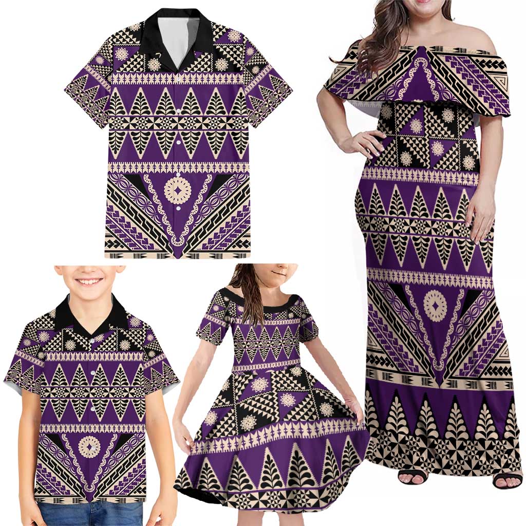 Vintage Bula Fiji Family Matching Off Shoulder Maxi Dress and Hawaiian Shirt Purple Tapa Masi Motif