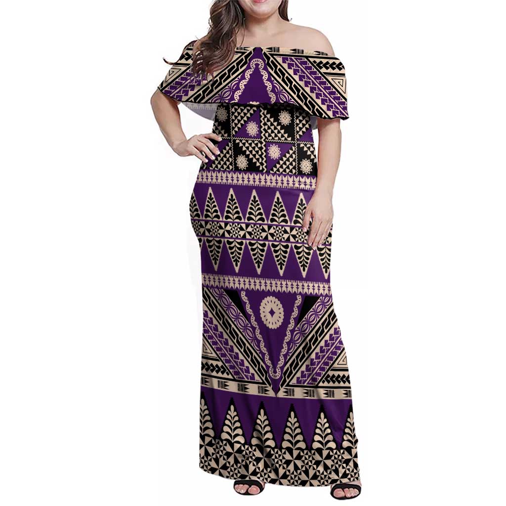 Vintage Bula Fiji Family Matching Off Shoulder Maxi Dress and Hawaiian Shirt Purple Tapa Masi Motif