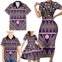 Vintage Bula Fiji Family Matching Short Sleeve Bodycon Dress and Hawaiian Shirt Purple Tapa Masi Motif