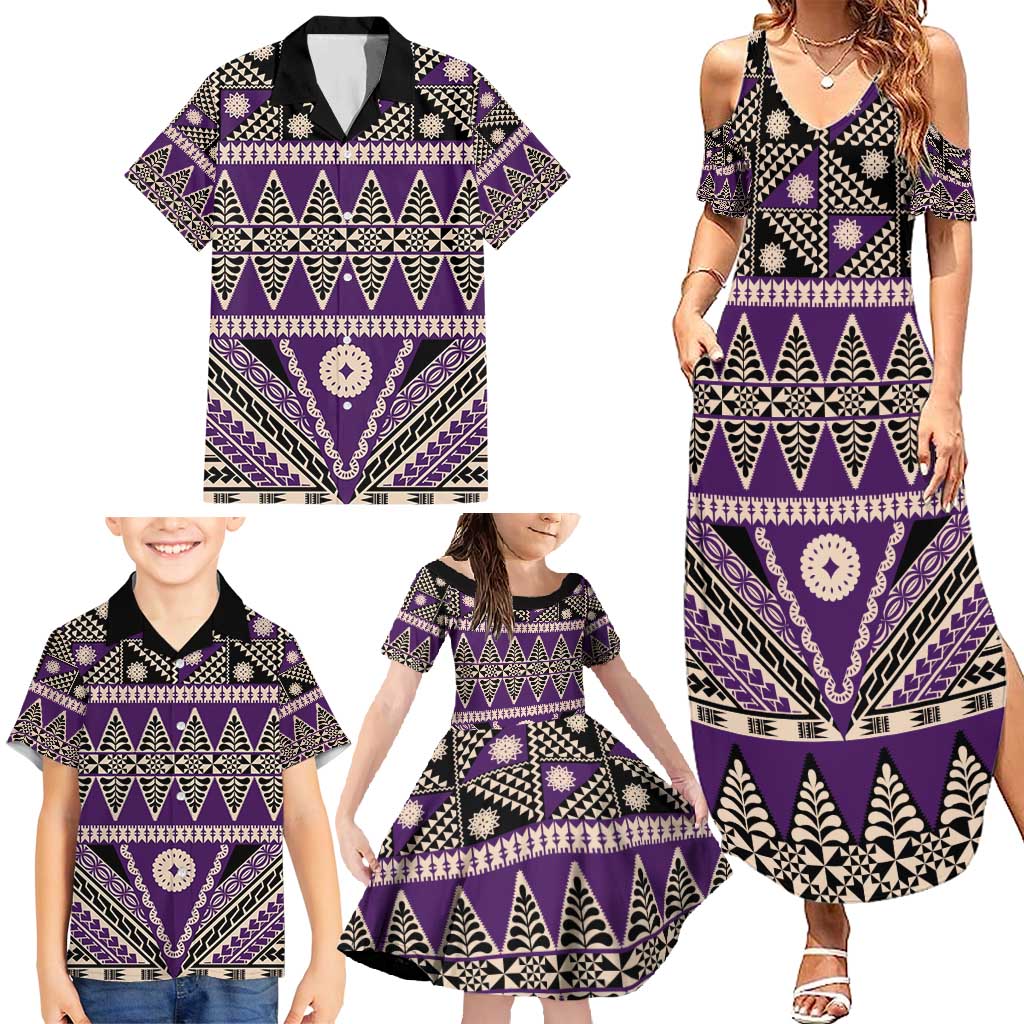 Vintage Bula Fiji Family Matching Summer Maxi Dress and Hawaiian Shirt Purple Tapa Masi Motif