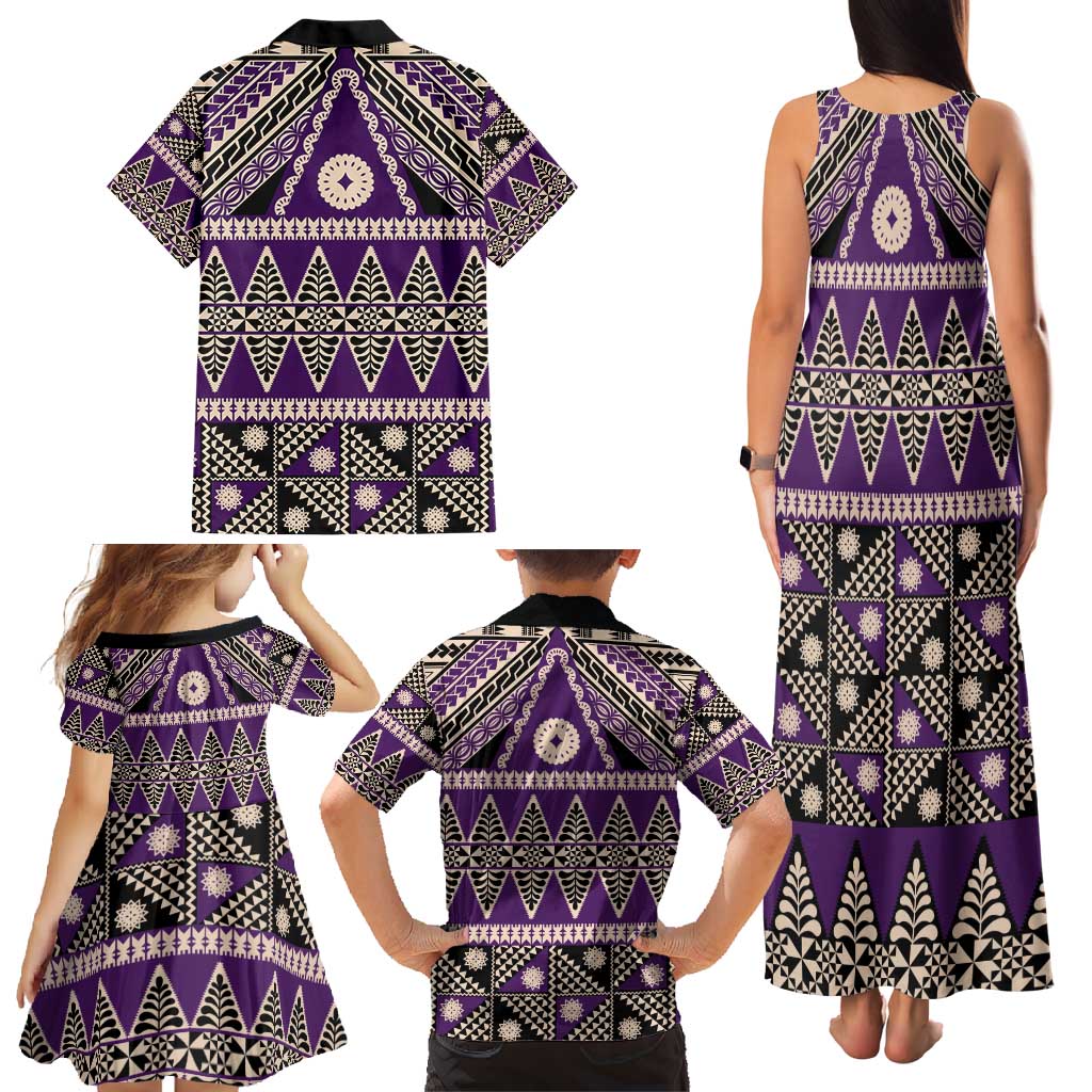 Vintage Bula Fiji Family Matching Tank Maxi Dress and Hawaiian Shirt Purple Tapa Masi Motif