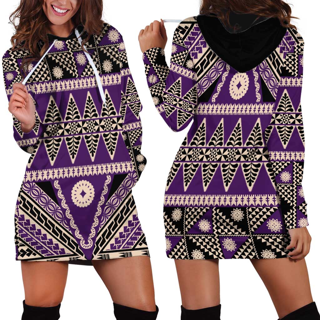 Vintage Bula Fiji Hoodie Dress Purple Tapa Masi Motif