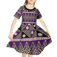 Vintage Bula Fiji Kid Short Sleeve Dress Purple Tapa Masi Motif