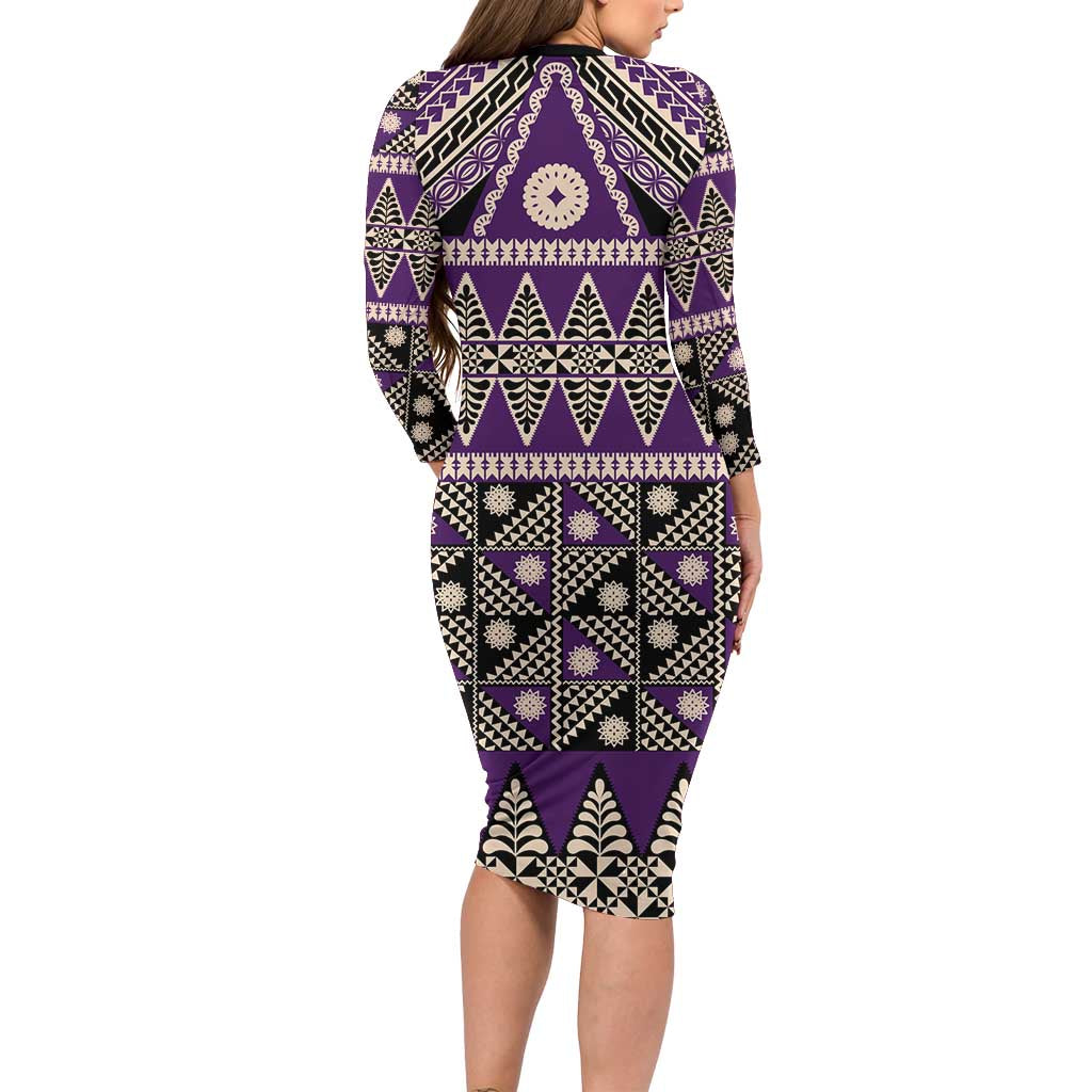 Vintage Bula Fiji Long Sleeve Bodycon Dress Purple Tapa Masi Motif