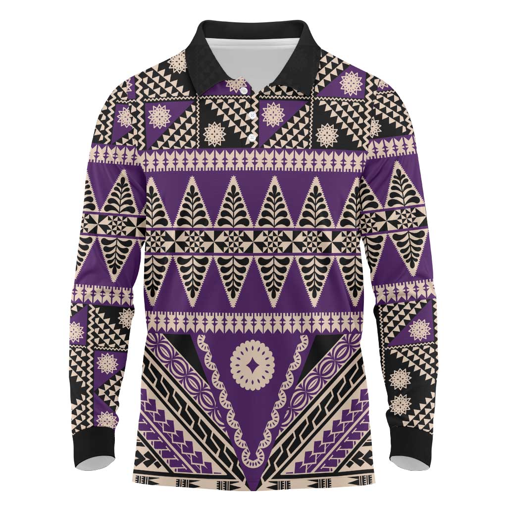 Vintage Bula Fiji Long Sleeve Polo Shirt Purple Tapa Masi Motif
