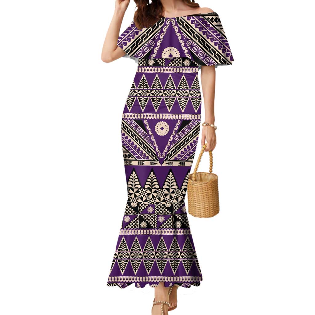 Vintage Bula Fiji Mermaid Dress Purple Tapa Masi Motif