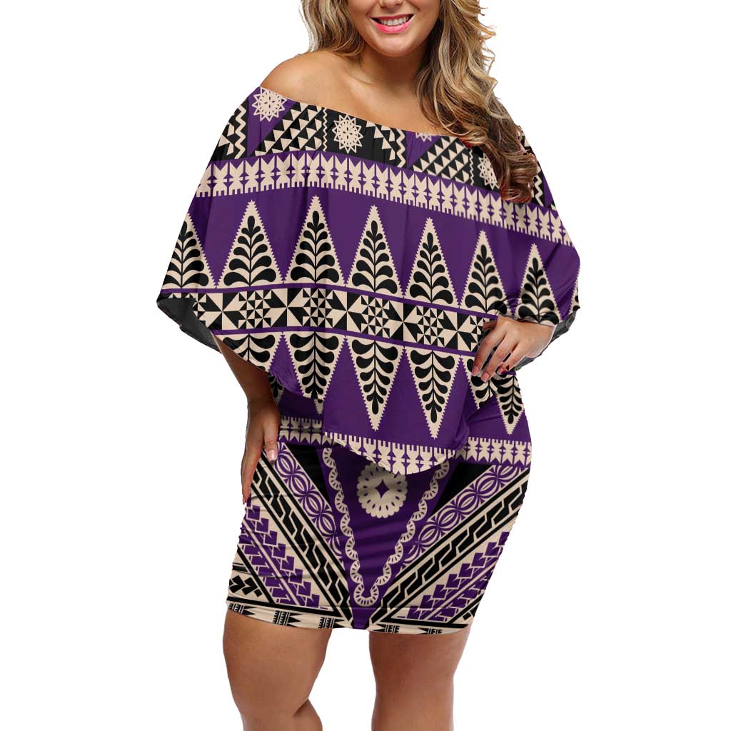 Vintage Bula Fiji Off Shoulder Short Dress Purple Tapa Masi Motif