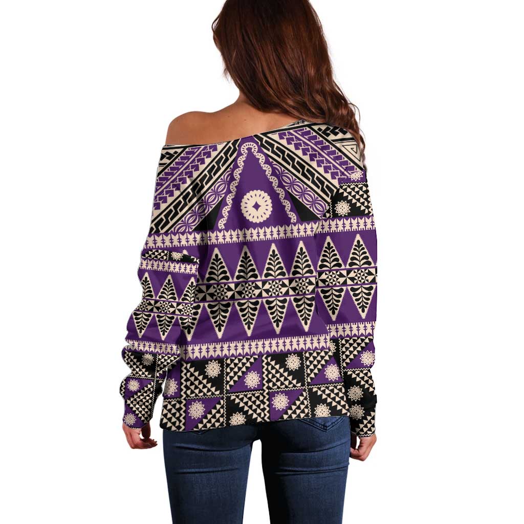 Vintage Bula Fiji Off Shoulder Sweater Purple Tapa Masi Motif
