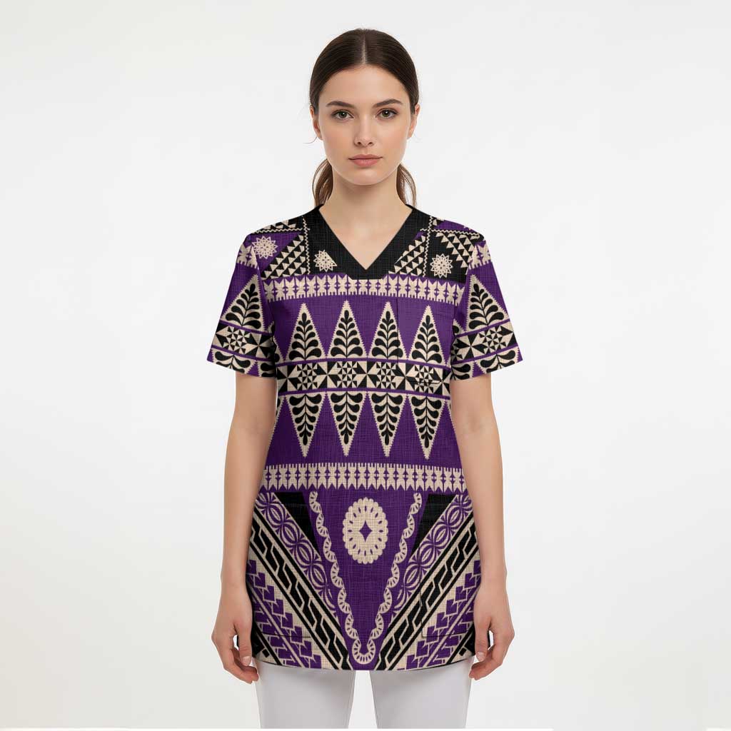Vintage Bula Fiji Scrub Top Purple Tapa Masi Motif - Polynesian Pride
