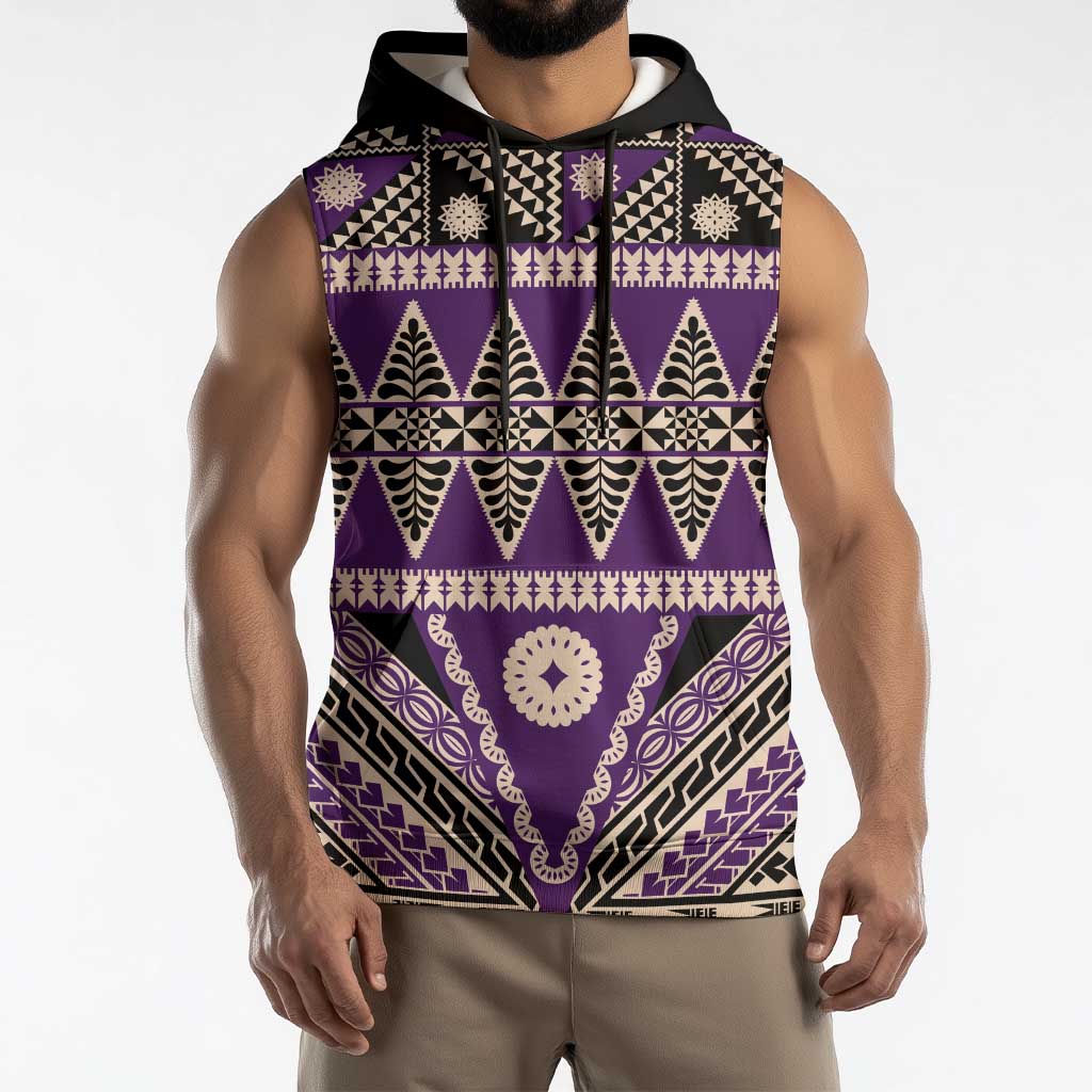 Vintage Bula Fiji Sleeveless Hoodie Purple Tapa Masi Motif - Polynesian Pride