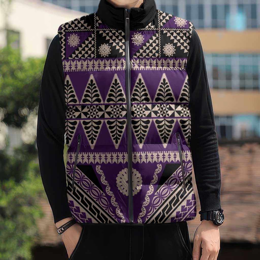 Vintage Bula Fiji Sleeveless Puffer Jacket Purple Tapa Masi Motif - Polynesian Pride