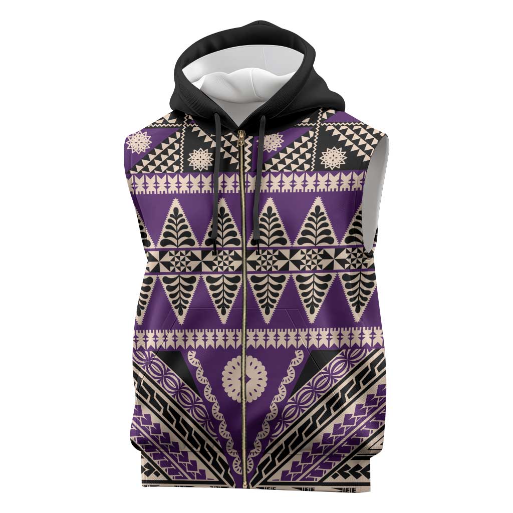 Vintage Bula Fiji Sleeveless Zip Hoodie Purple Tapa Masi Motif - Polynesian Pride