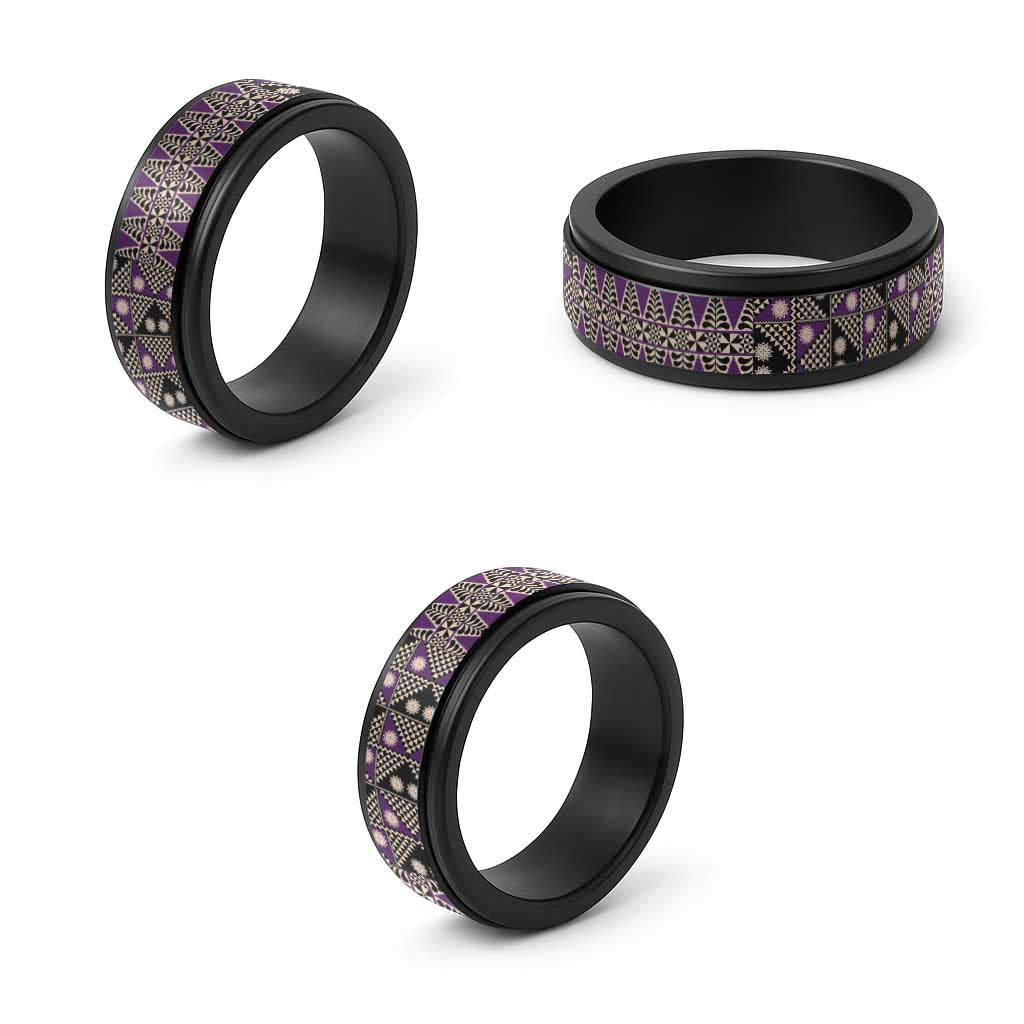 Vintage Bula Fiji Spinner Ring Purple Tapa Masi Motif - Polynesian Pride