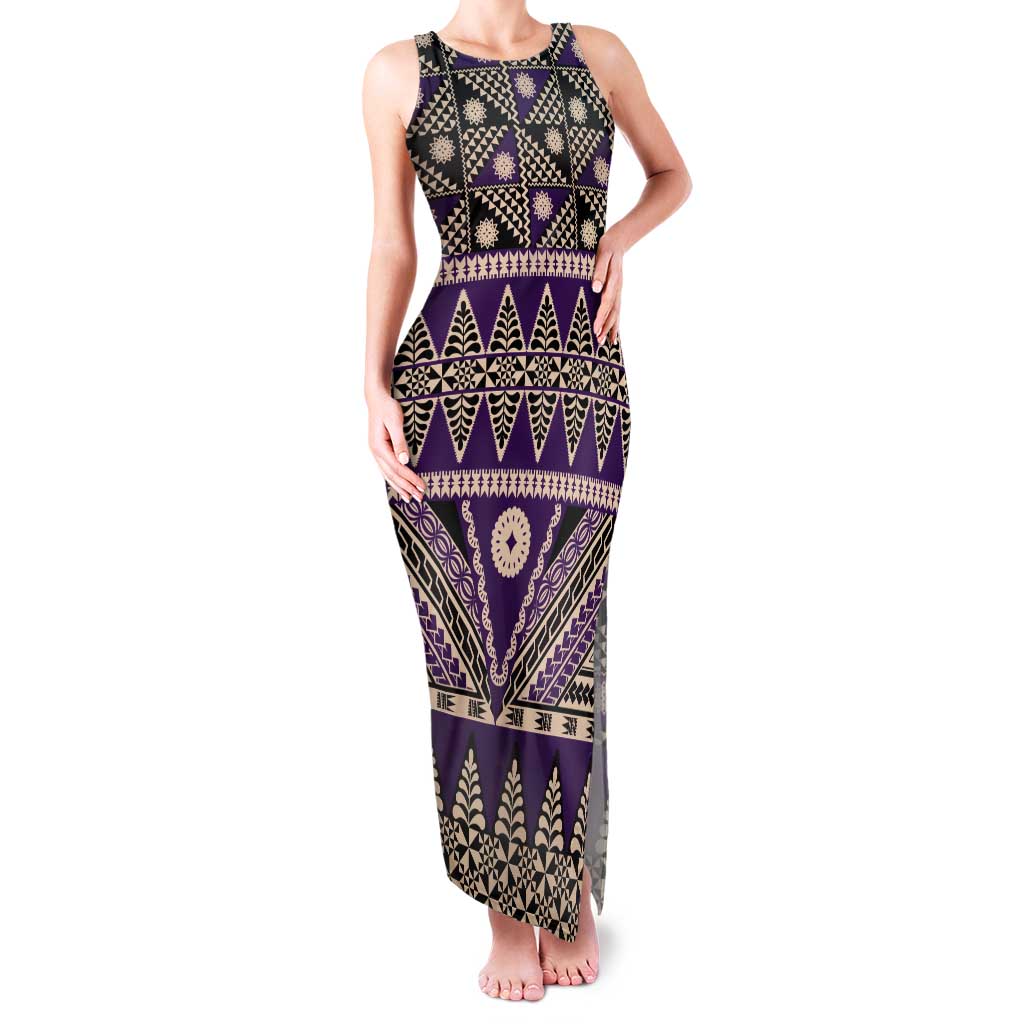 Vintage Bula Fiji Tank Maxi Dress Purple Tapa Masi Motif