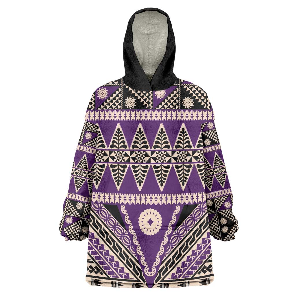 Vintage Bula Fiji Wearable Blanket Hoodie Purple Tapa Masi Motif