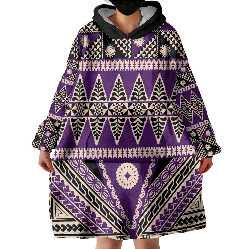 Vintage Bula Fiji Wearable Blanket Hoodie Purple Tapa Masi Motif