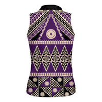 Vintage Bula Fiji Women Sleeveless Polo Shirt Purple Tapa Masi Motif