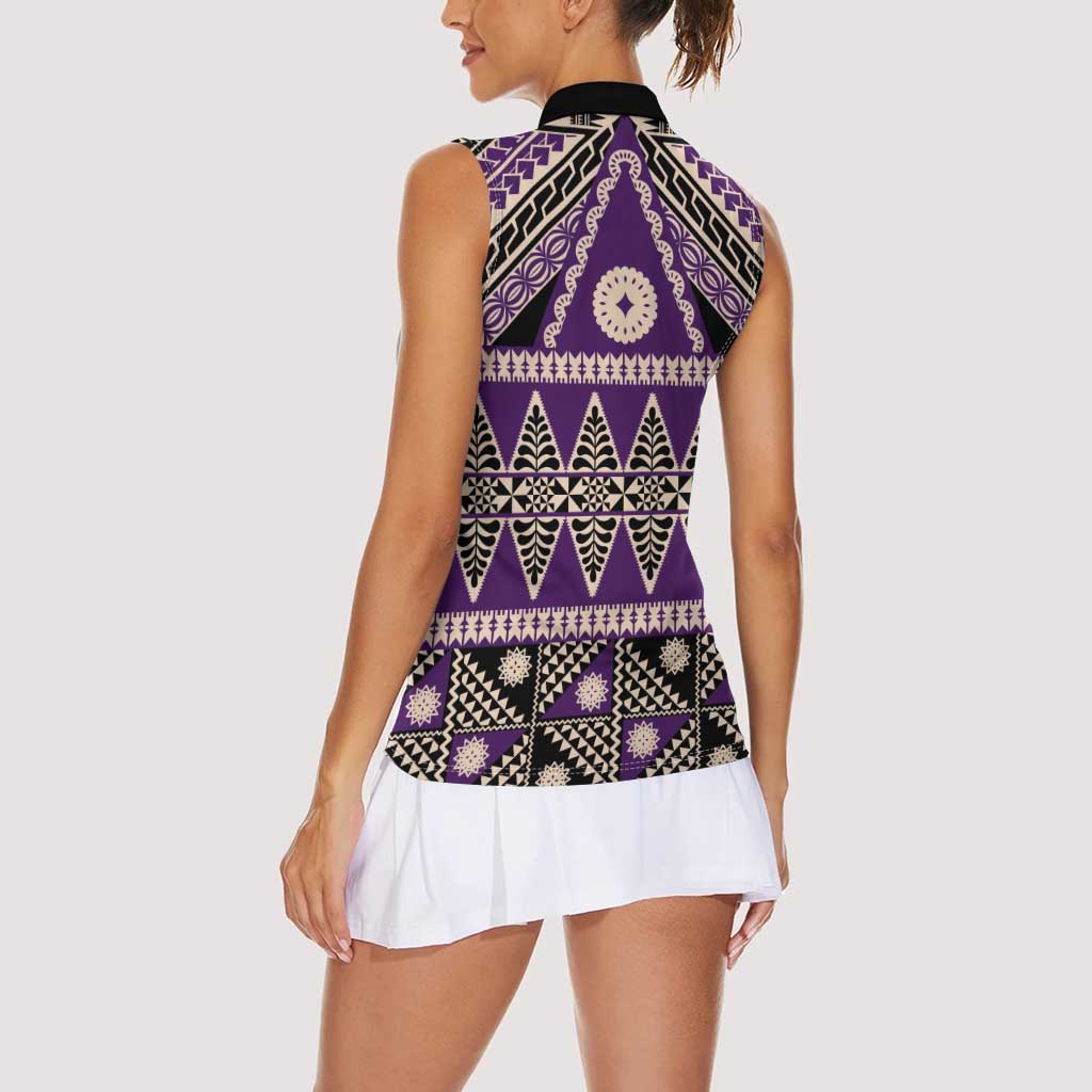 Vintage Bula Fiji Women Sleeveless Polo Shirt Purple Tapa Masi Motif