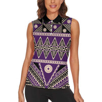 Vintage Bula Fiji Women Sleeveless Polo Shirt Purple Tapa Masi Motif