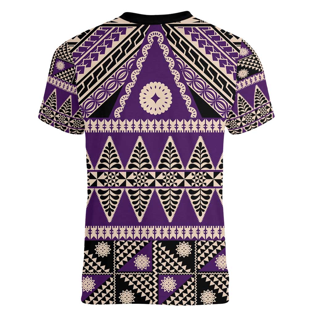Vintage Bula Fiji Women V-Neck T-Shirt Purple Tapa Masi Motif