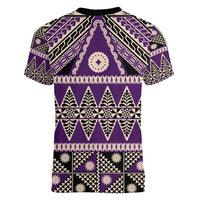 Vintage Bula Fiji Women V-Neck T-Shirt Purple Tapa Masi Motif