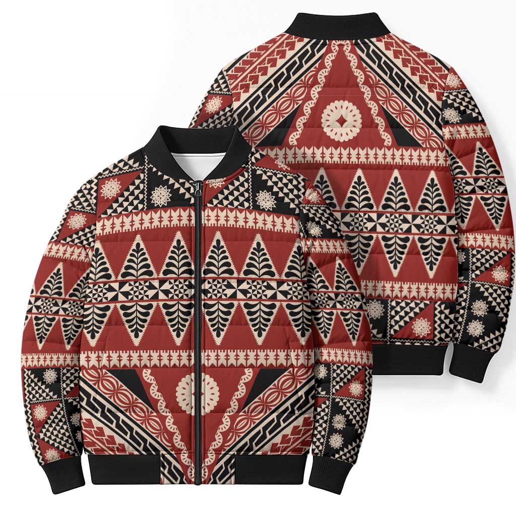 Vintage Bula Fiji Bomber Puffer Jacket Red Tapa Masi Motif - Polynesian Pride