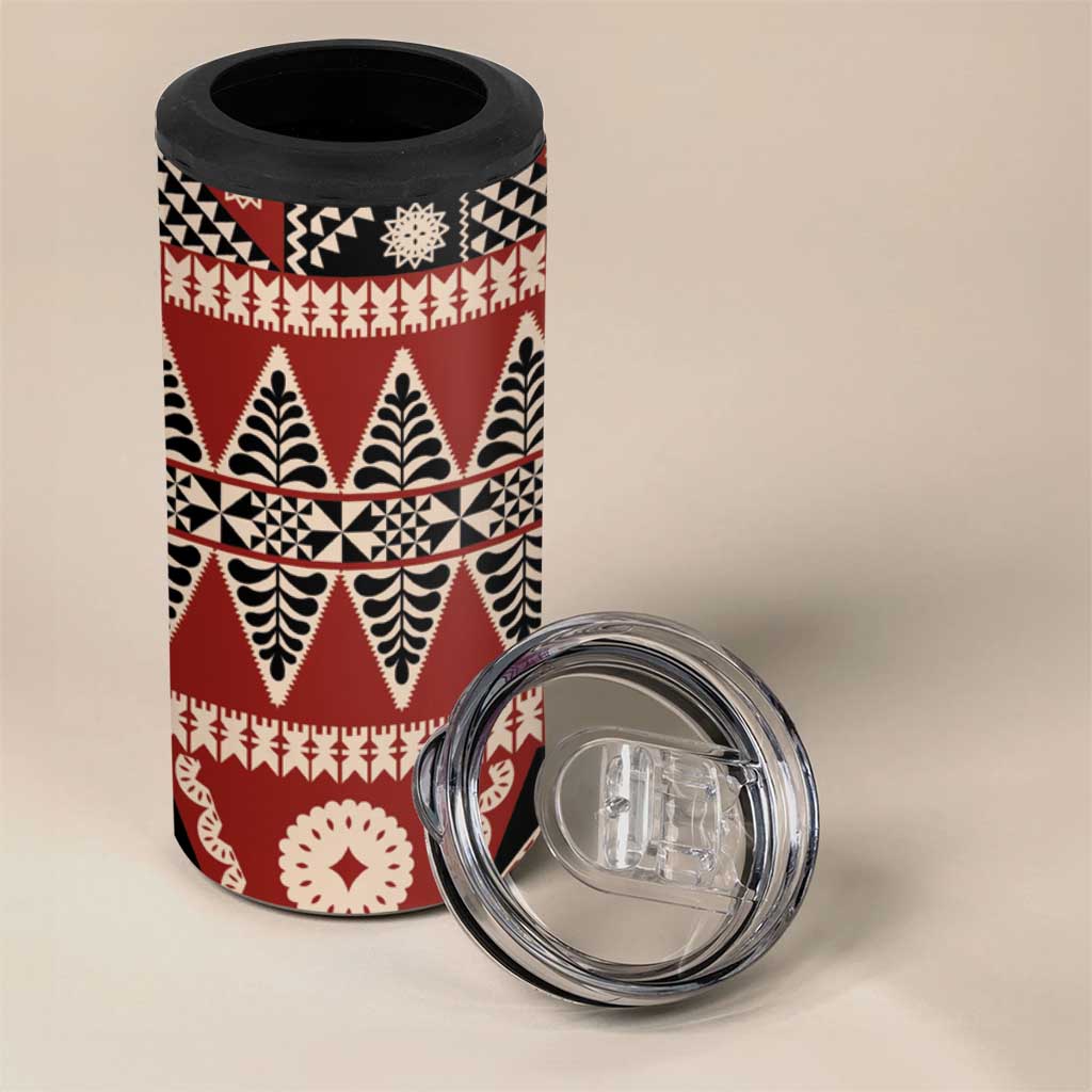 Vintage Bula Fiji 4 in 1 Can Cooler Tumbler Red Tapa Masi Motif