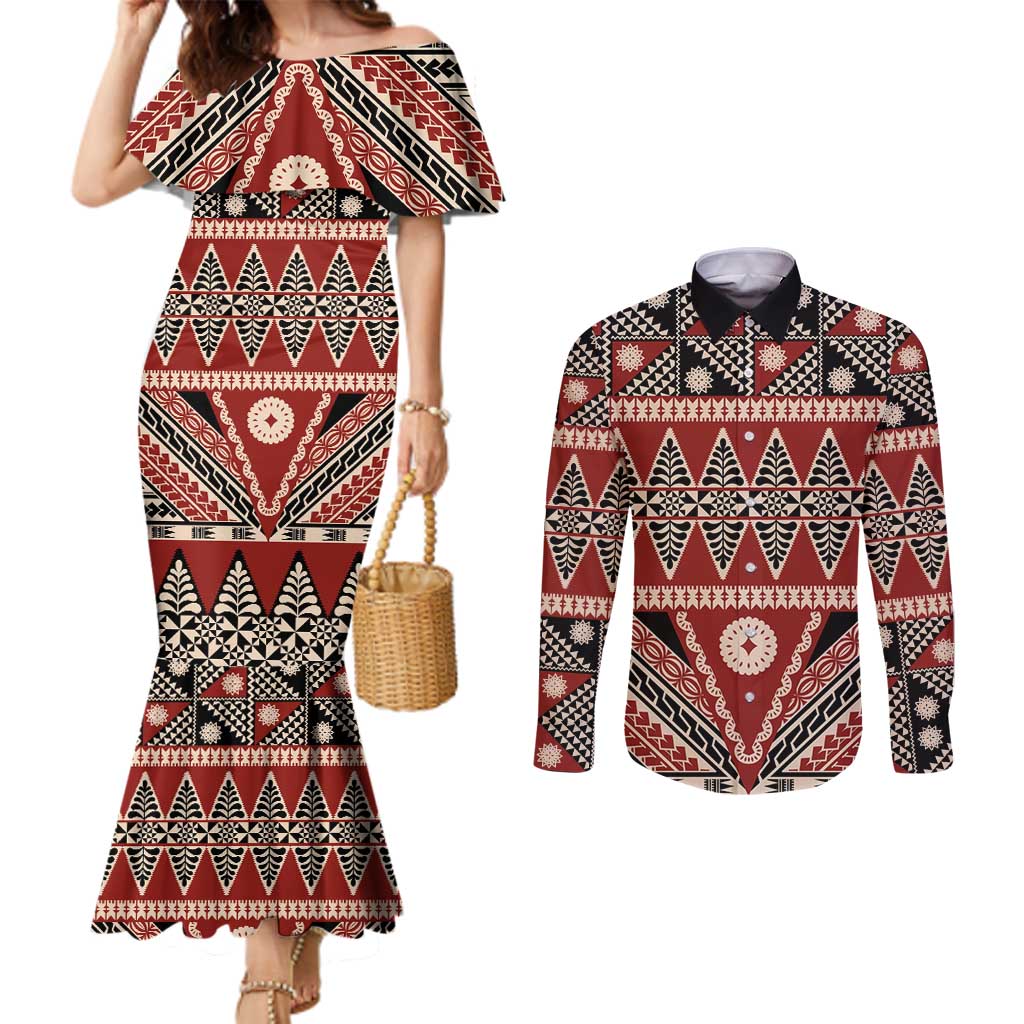 Vintage Bula Fiji Couples Matching Mermaid Dress and Long Sleeve Button Shirt Red Tapa Masi Motif