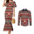 Vintage Bula Fiji Couples Matching Mermaid Dress and Long Sleeve Button Shirt Red Tapa Masi Motif