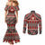 Vintage Bula Fiji Couples Matching Mermaid Dress and Long Sleeve Button Shirt Red Tapa Masi Motif