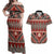 Vintage Bula Fiji Couples Matching Off Shoulder Maxi Dress and Hawaiian Shirt Red Tapa Masi Motif