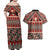 Vintage Bula Fiji Couples Matching Off Shoulder Maxi Dress and Hawaiian Shirt Red Tapa Masi Motif