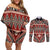 Vintage Bula Fiji Couples Matching Off Shoulder Short Dress and Long Sleeve Button Shirt Red Tapa Masi Motif