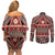 Vintage Bula Fiji Couples Matching Off Shoulder Short Dress and Long Sleeve Button Shirt Red Tapa Masi Motif