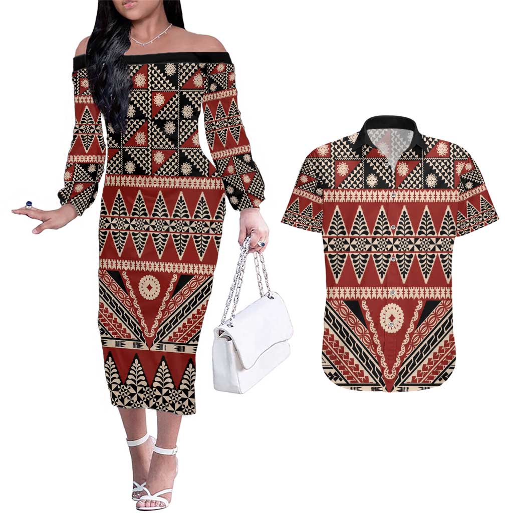 Vintage Bula Fiji Couples Matching Off The Shoulder Long Sleeve Dress and Hawaiian Shirt Red Tapa Masi Motif
