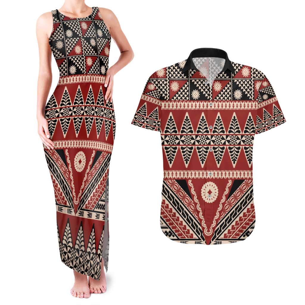 Vintage Bula Fiji Couples Matching Tank Maxi Dress and Hawaiian Shirt Red Tapa Masi Motif