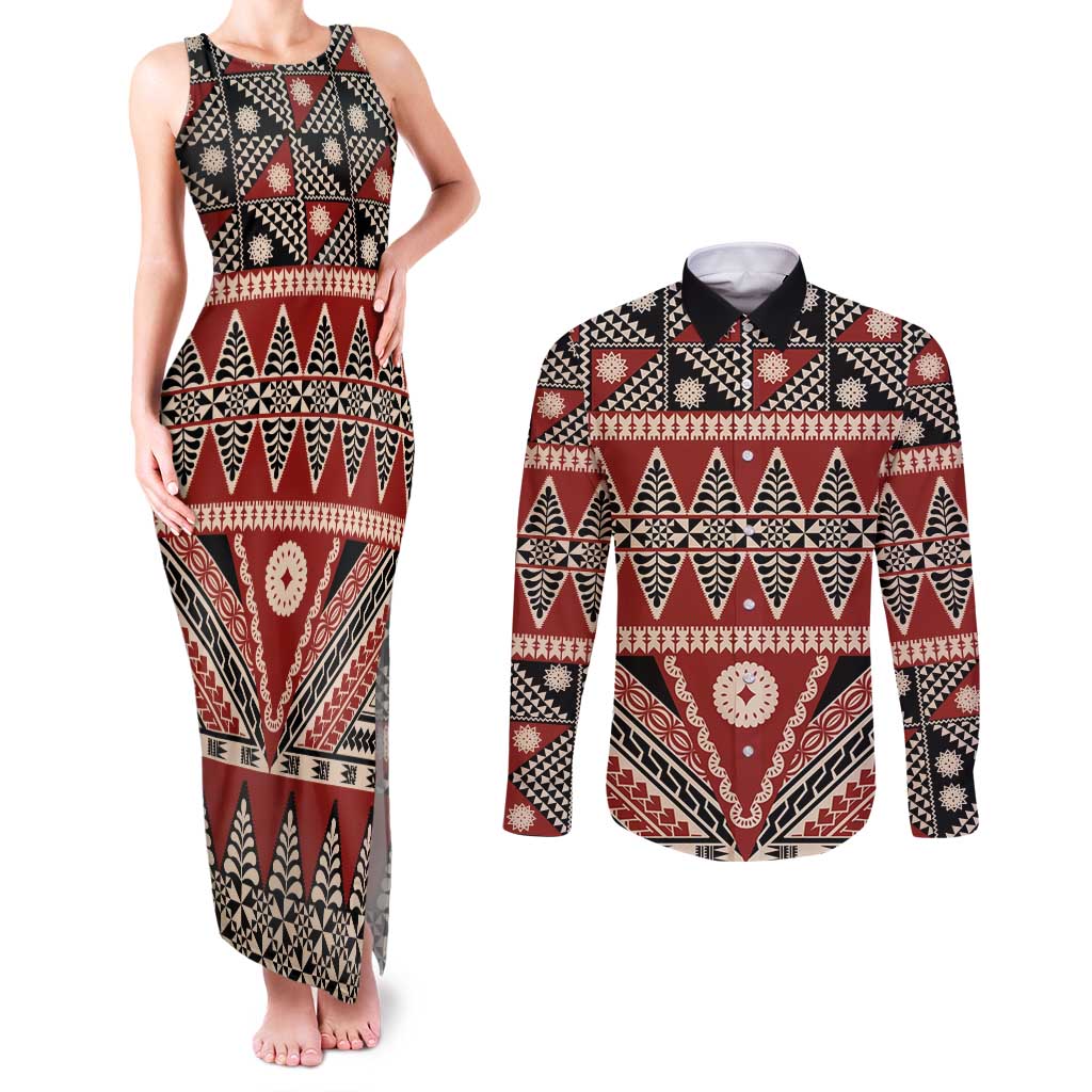Vintage Bula Fiji Couples Matching Tank Maxi Dress and Long Sleeve Button Shirt Red Tapa Masi Motif
