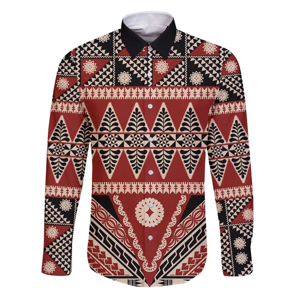 Vintage Bula Fiji Family Matching Long Sleeve Bodycon Dress and Hawaiian Shirt Red Tapa Masi Motif