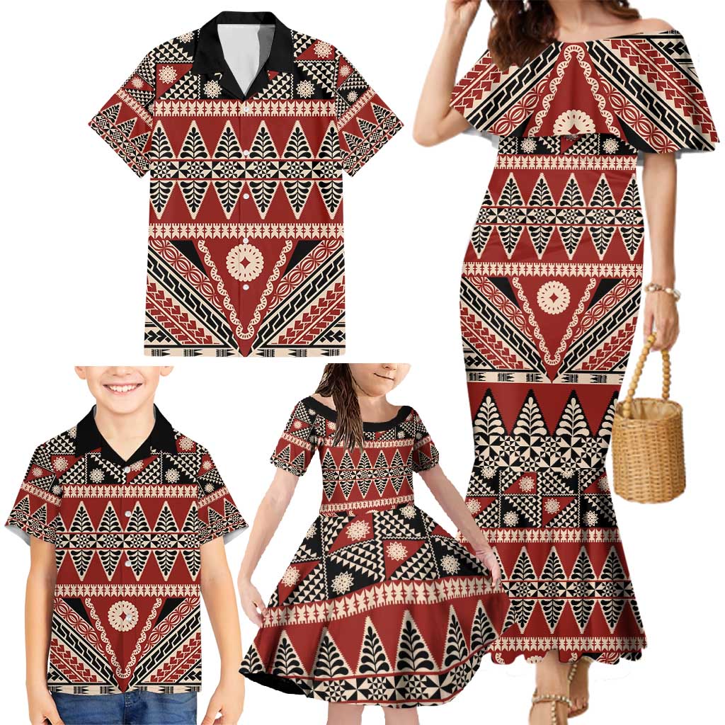 Vintage Bula Fiji Family Matching Mermaid Dress and Hawaiian Shirt Red Tapa Masi Motif