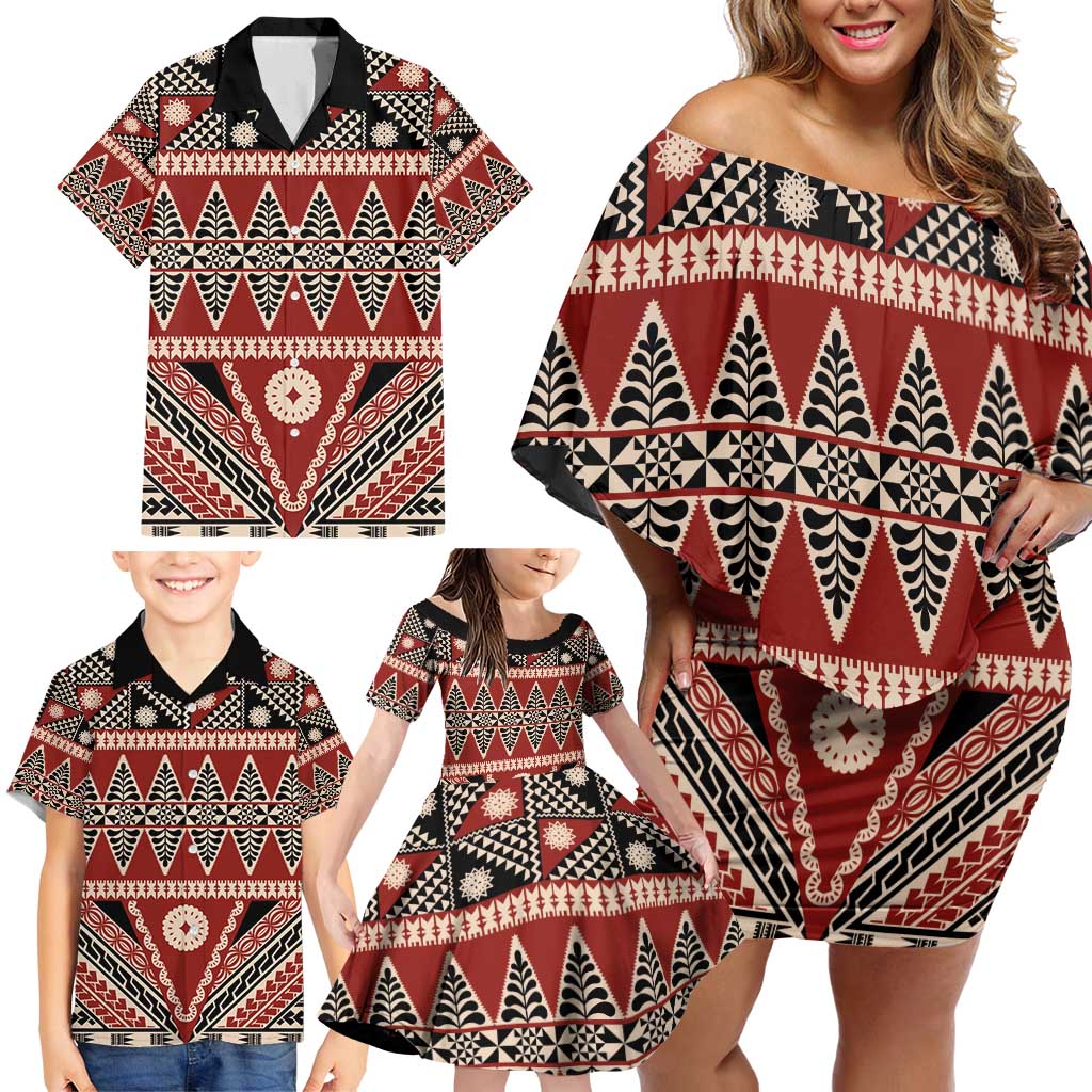 Vintage Bula Fiji Family Matching Off Shoulder Short Dress and Hawaiian Shirt Red Tapa Masi Motif