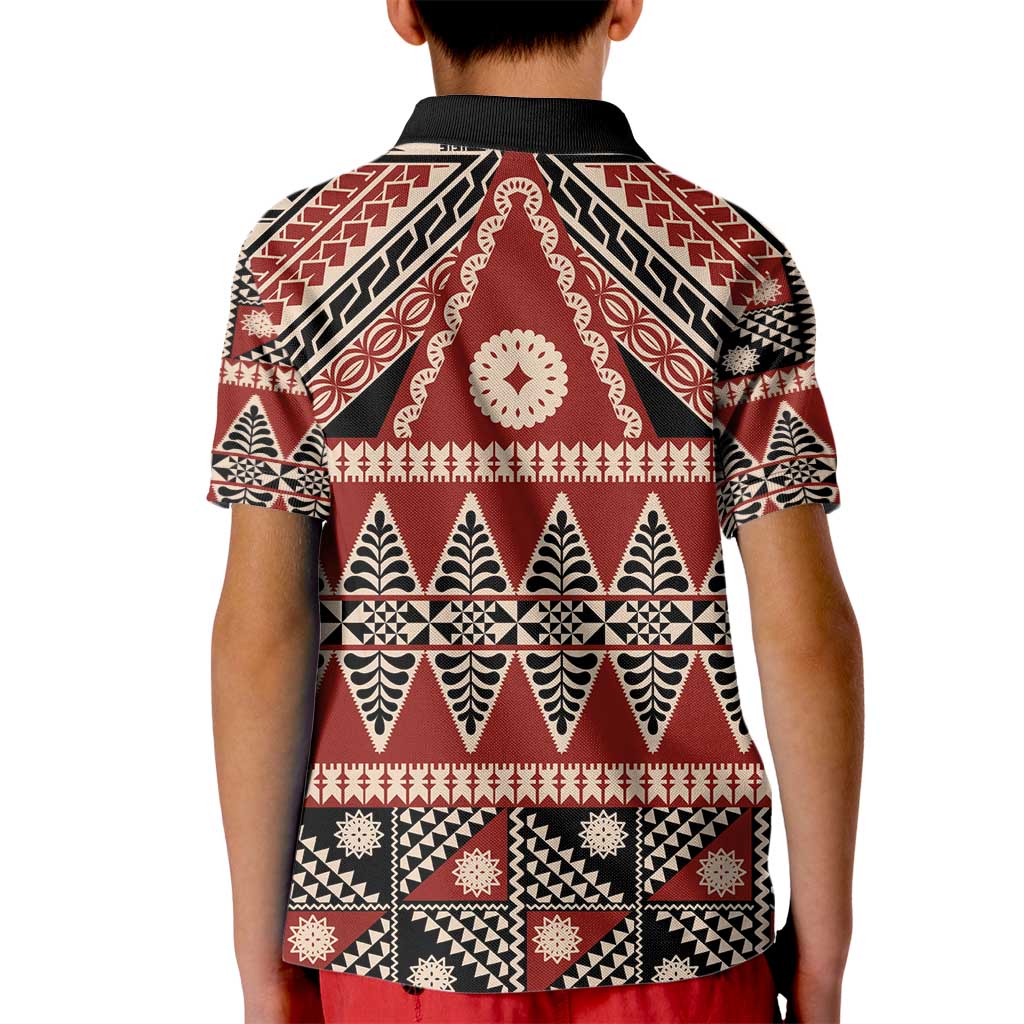 Vintage Bula Fiji Kid Polo Shirt Red Tapa Masi Motif