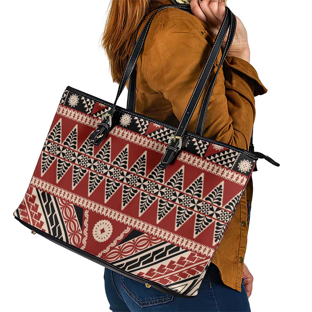 Vintage Bula Fiji Leather Tote Bag Red Tapa Masi Motif