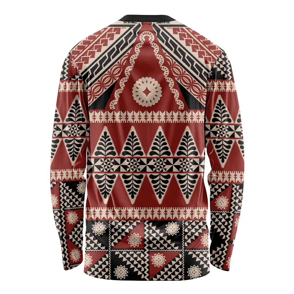 Vintage Bula Fiji Long Sleeve Shirt Red Tapa Masi Motif