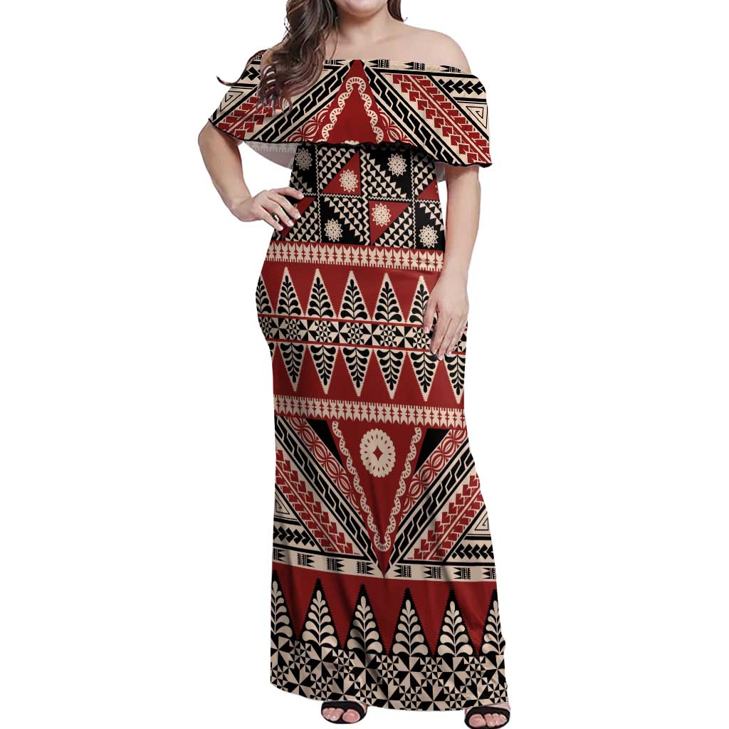 Vintage Bula Fiji Off Shoulder Maxi Dress Red Tapa Masi Motif