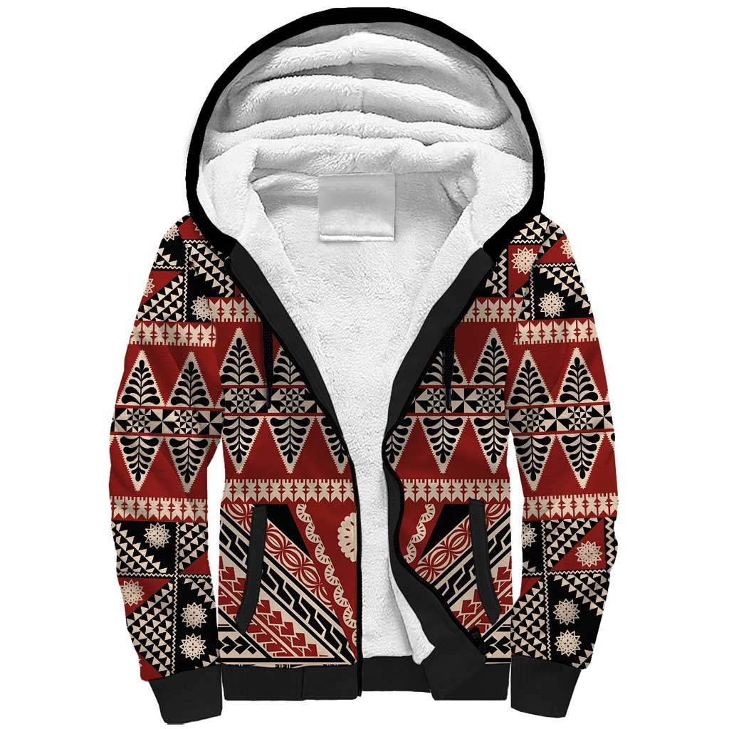Vintage Bula Fiji Sherpa Hoodie Red Tapa Masi Motif