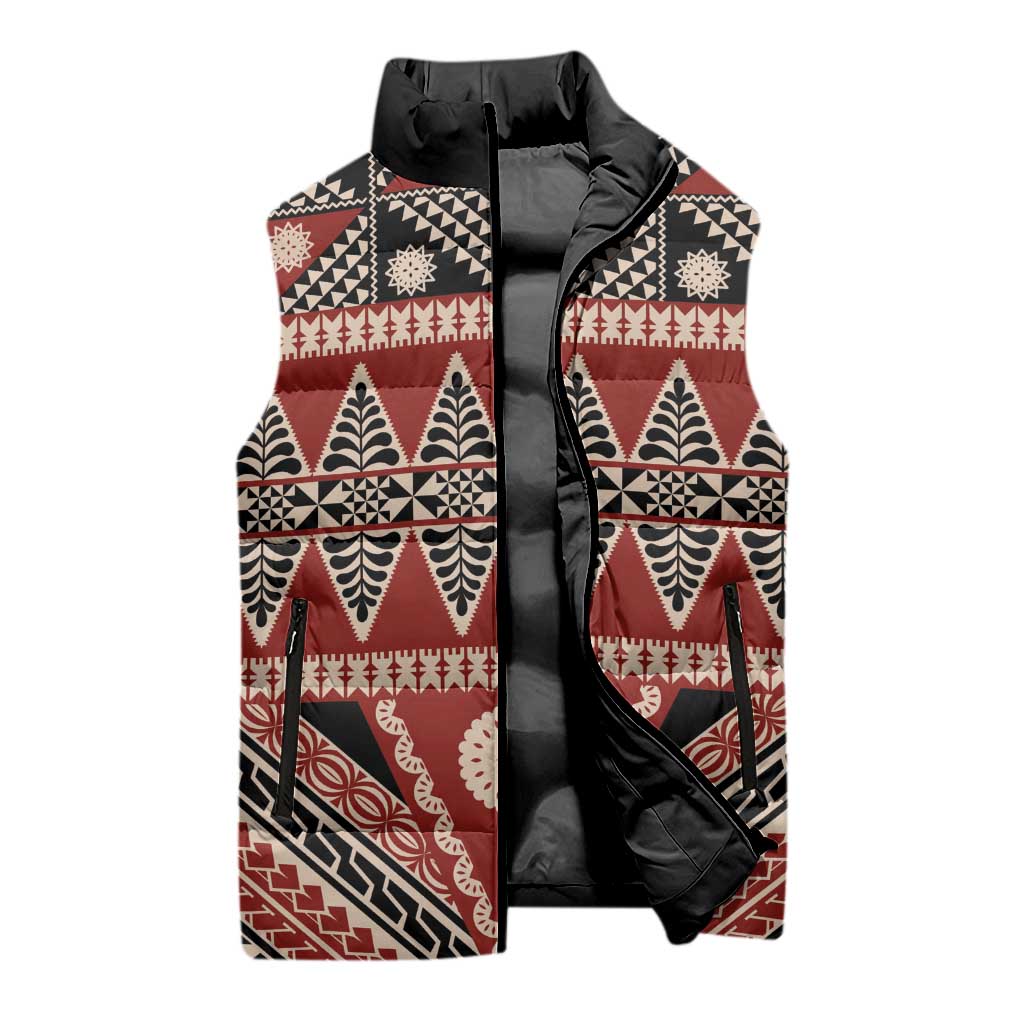 Vintage Bula Fiji Sleeveless Puffer Jacket Red Tapa Masi Motif - Polynesian Pride