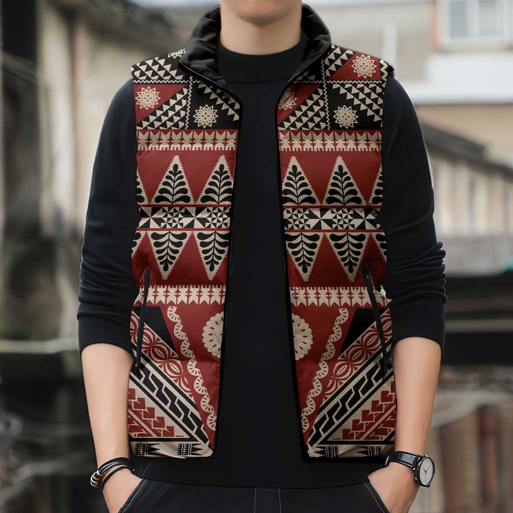 Vintage Bula Fiji Sleeveless Puffer Jacket Red Tapa Masi Motif - Polynesian Pride